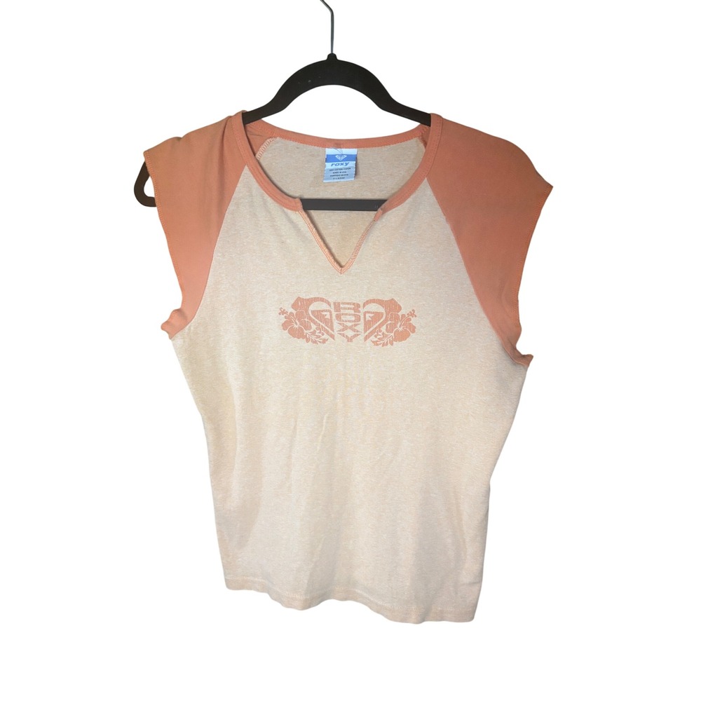 Roxy Vintage Y2K Sleeveless Raglan Graphic Tee Orange Floral Logo XL Made in USA
